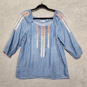 Kut from the Kloth Women's Denim Blouse Size Medium Peasant Embroidered Beaded‎